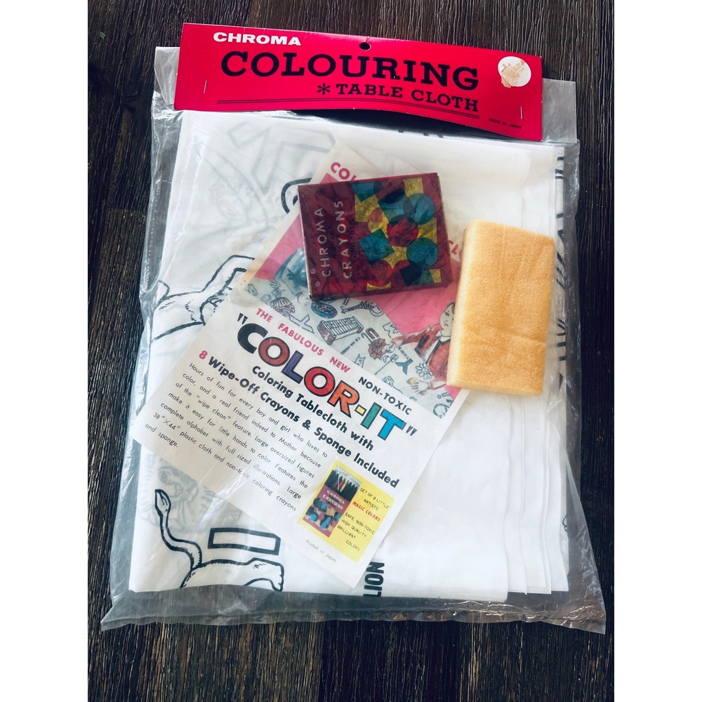 Vintage Chroma Color-It Coloring Tablecloth Set Made in Japan Wipe Clean Crayons
